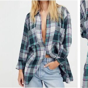 Free People women's S the Voyage shirt dress Plaid twilight Long Sleeve oversize